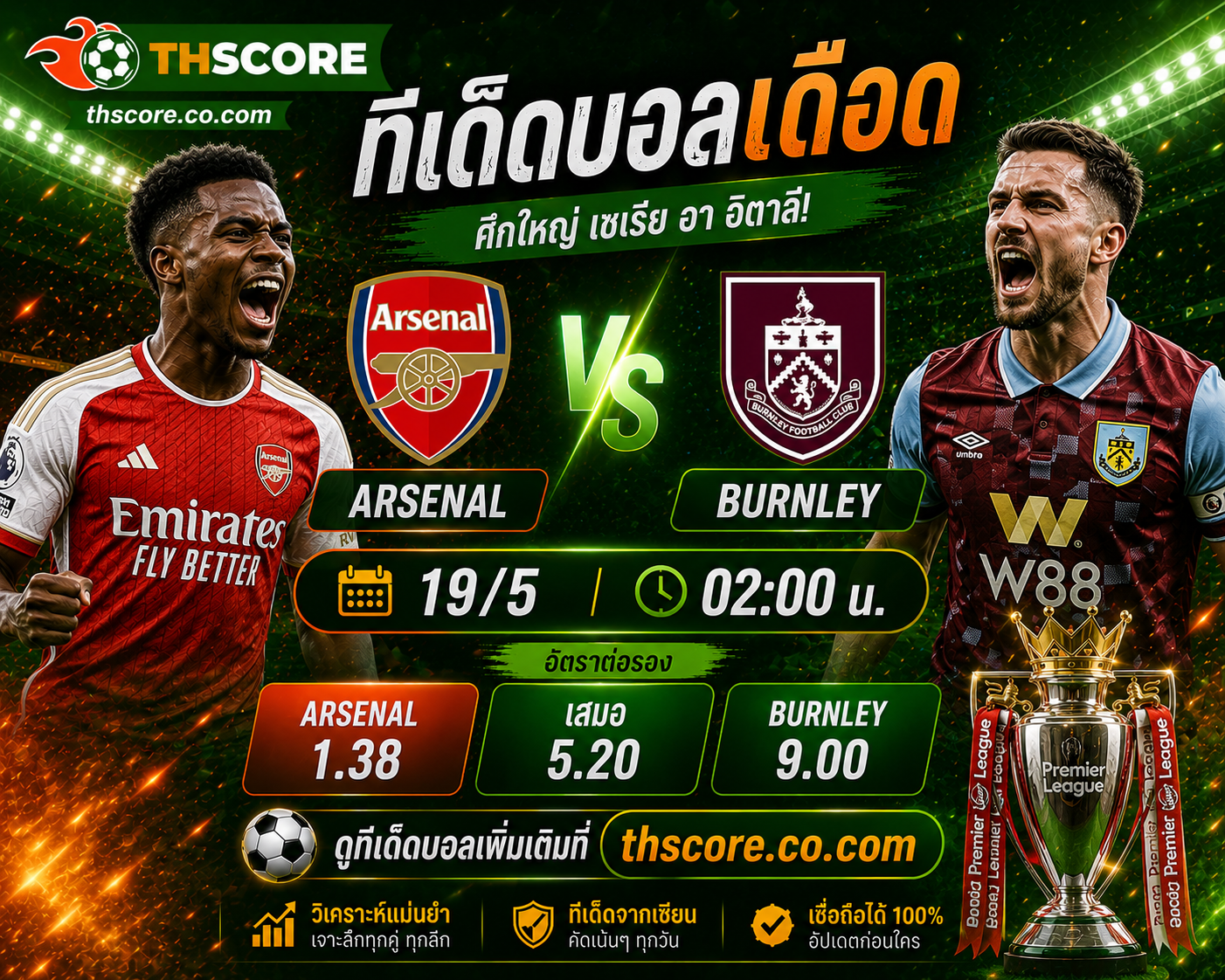 วิเคราะห์บอล อาร์เซน่อล Vs เบิร์นลี่ย์ 02.00 น. 19 พฤษภาคม 2026 – พรีเมียร์ลีก อังกฤษ