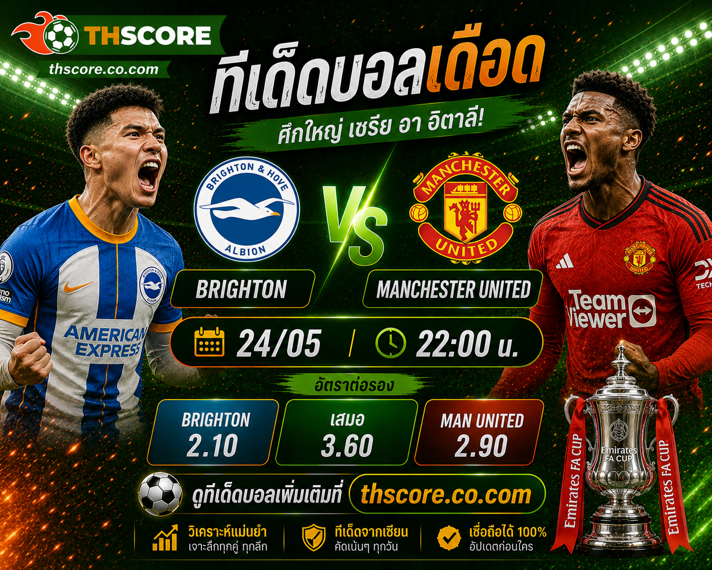วิเคราะห์บอล ไบรท์ตัน พบ แมนเชสเตอร์ ยูไนเต็ด 22.00 น. 24 พฤษภาคม 2569 -พรีเมียร์ลีก อังกฤษ