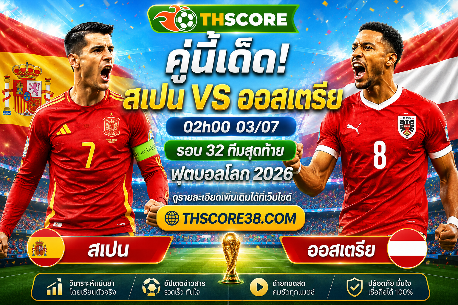 วิเคราะห์บอล สเปน พบ ออสเตรีย 02.00 น. 03/07 – ฟุตบอลโลก 2026 รอบ 16 ทีมสุดท้าย