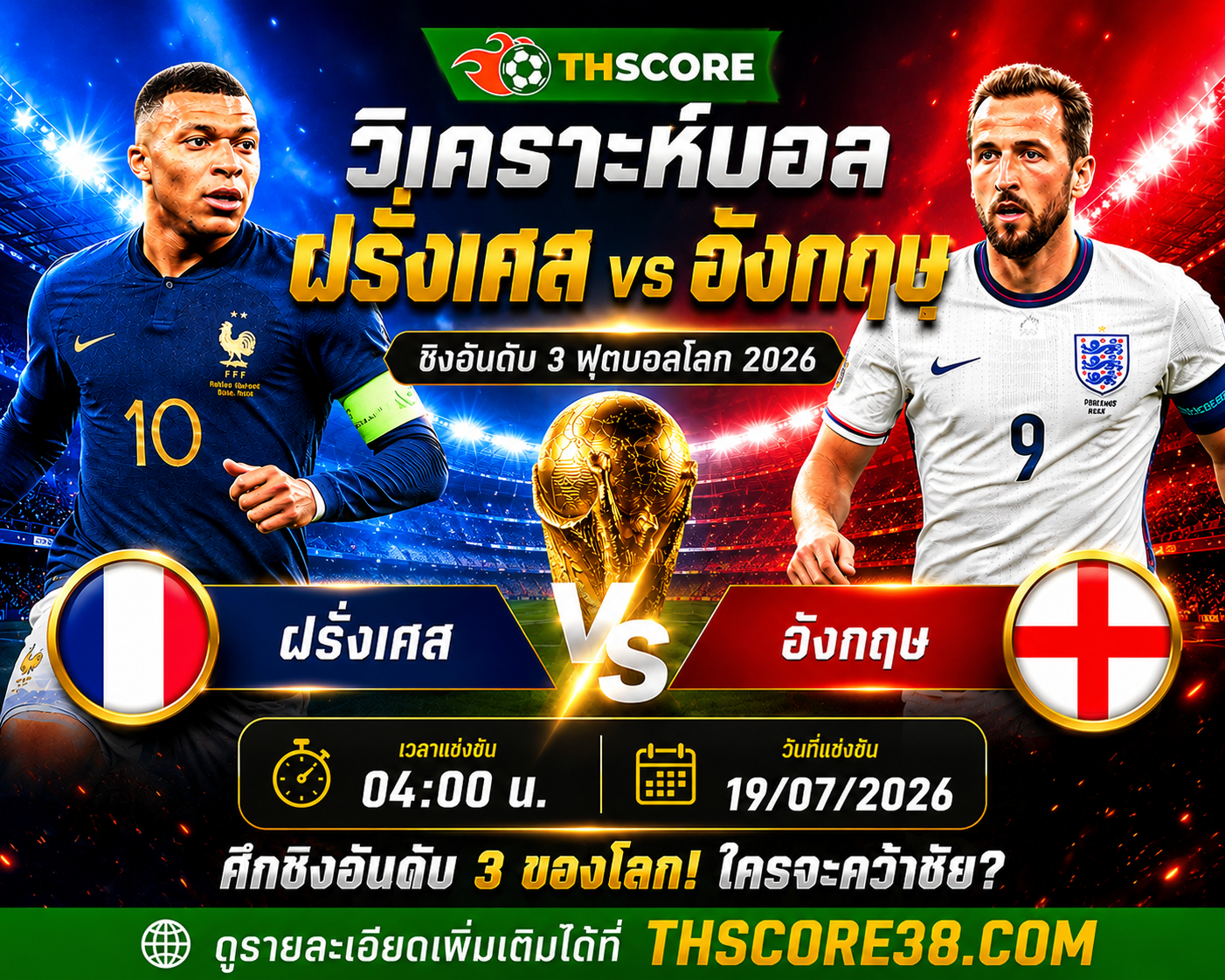 วิเคราะห์บอล ฝรั่งเศส พบ อังกฤษ 04:00 น. 19/07/2026 – ฟุตบอลโลก 2026 รอบชิงอันดับ 3