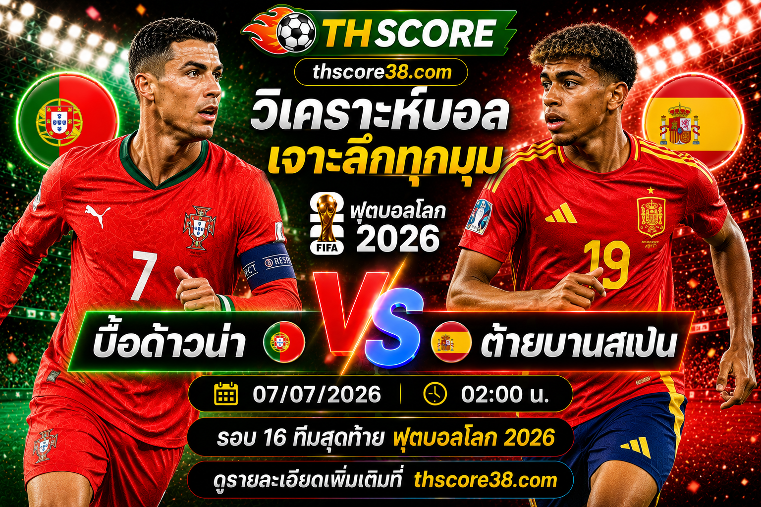 วิเคราะห์บอล โปรตุเกส พบ สเปน 02h00 วันที่ 07/07/2026 – ฟุตบอลโลก 2026 รอบ 16 ทีมสุดท้าย